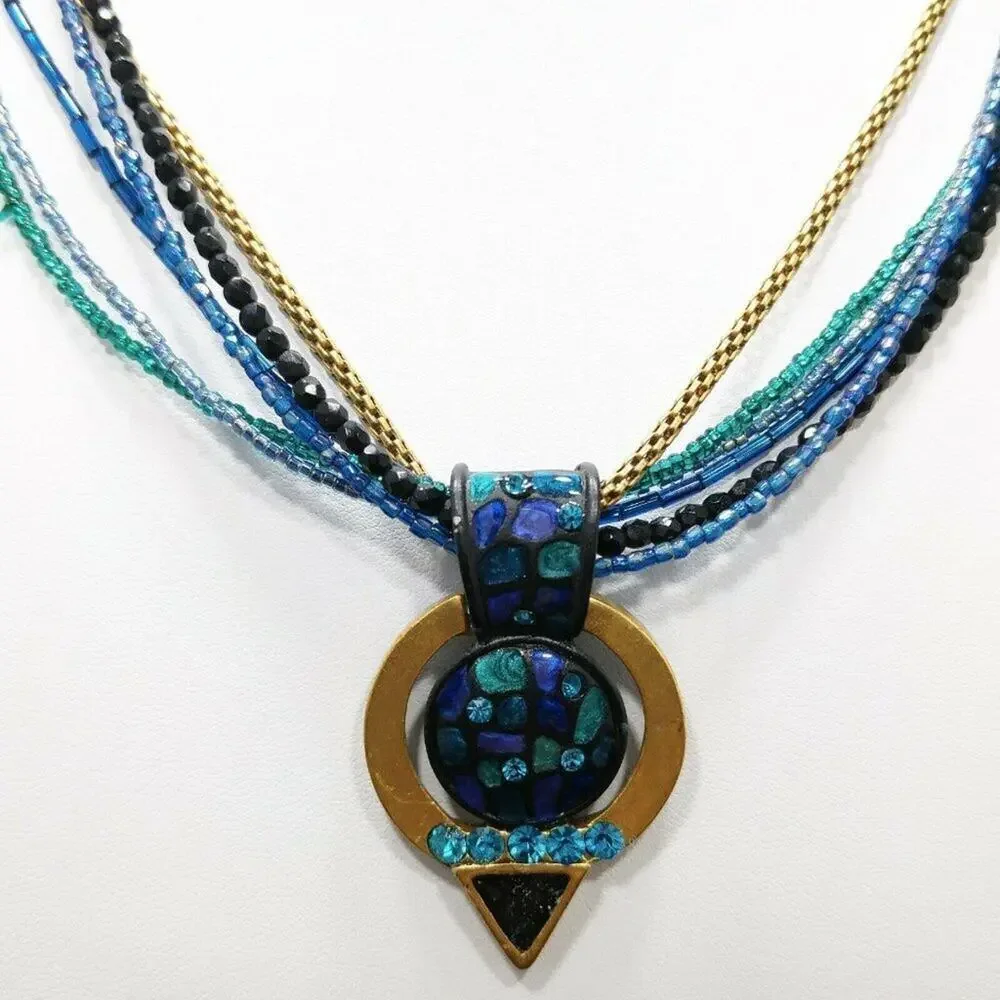 Chico's Teal Blue Beaded Necklace, Rhinestone Enamel Pendant, Five Strands, 20